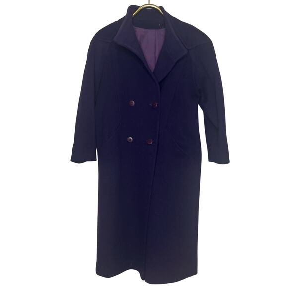 Vintage 70s Size Medium Purple Wool Double Breasted Coat Long Overcoat Lined - Picture 1 of 11